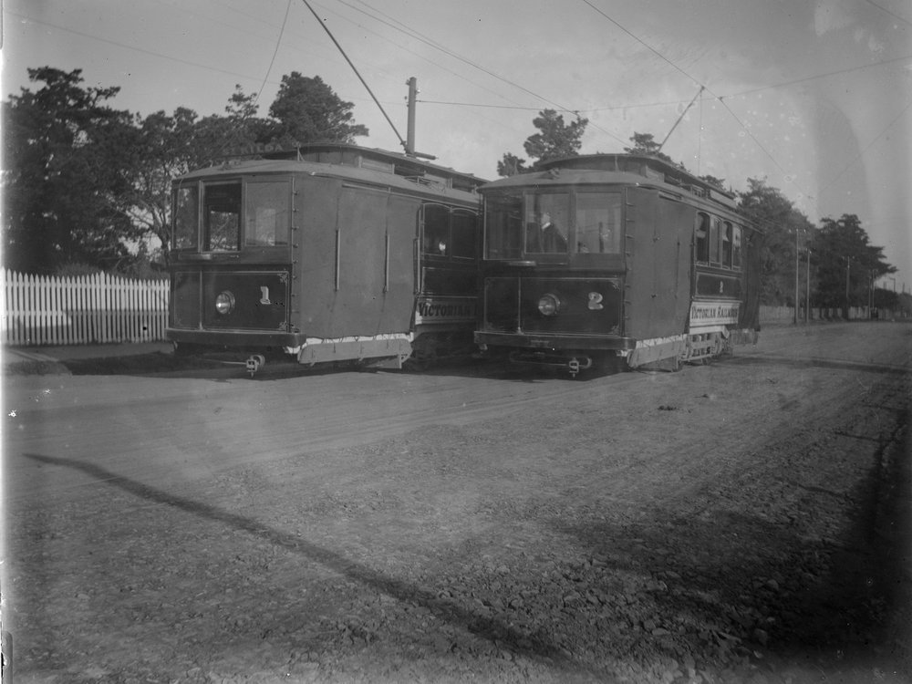 Victorian Railways trams 1 and 2 standing on the St Kilda to Brighton Beach street railway, early 1900s